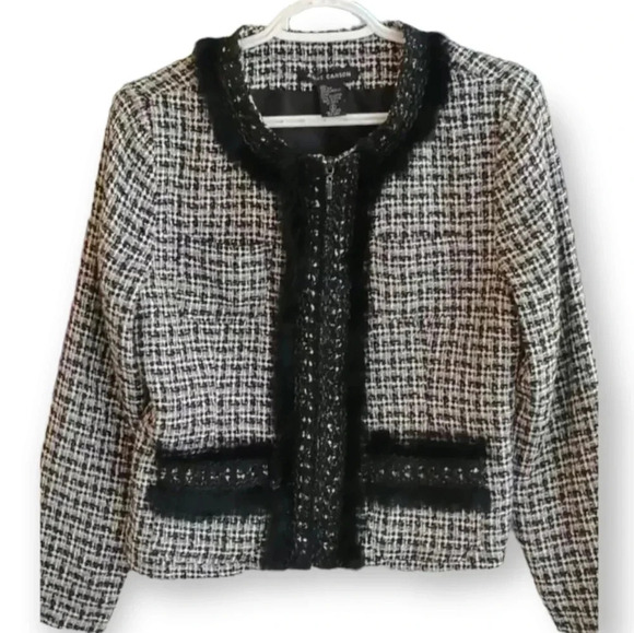 Anne Carson Silk Tweed Collarless Blazer with Faux Fur and Patch Pockets Small - Picture 13 of 13